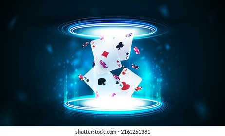 Casino playing cards with poker chips inside blue portal made of digital rings in dark empty scene