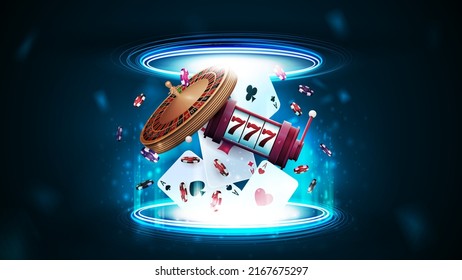 Casino playing cards, casino roulette, slot machine and poker chips inside blue portal made of digital rings in dark empty scene