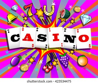 Casino playing cards and slot machine symbols on colorful cartoon exploding background
