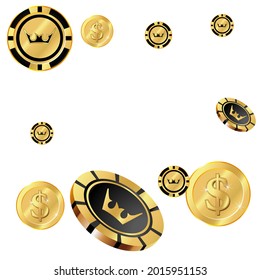 Casino Playing Chips and Gold Money are falling down on white background. Pattern for ads of parties, events in Vegas.