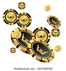 Casino Playing Chips and Gold Money are falling down on white background. Pattern for ads of parties, events in Vegas.