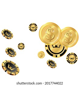 Casino Playing Chips and Gold Money are falling down on white background. Pattern for ads of parties, events in Vegas.