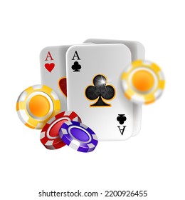 Casino poker 3D vector icon, playing ace card, flying gambling chips, Vegas tournament banner. Realistic Texas Holdem badge, online blackjack lucky illustration. Casino poker UI clipart on white