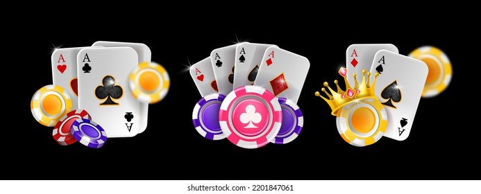 Juego de iconos vectoriales 3D de Casino poker, juego de cartas ace, banner del torneo Vegas, fichas de juego voladoras. Insignia real del Texas Holdem, chantaje en línea, ilustración afortunada. Clima de interfaz de usuario de poker de casino en blanco