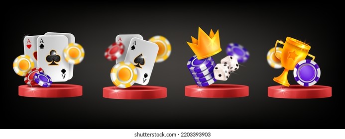 Juego de podio del icono del vector 3D del póquer del casino, tarjeta de ace, banner del torneo de las Vegas, fichas de juego voladoras. Ilustración afortunada de blackjack en línea, insignia realista de Texas Holdem. Clima de interfaz de usuario de poker de casino en blanco