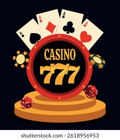 Casino and poker. Bright vector design with golden text casino 777, chips, dice, cards on podium. Illustration for casino design projects, roulette on dark purple background