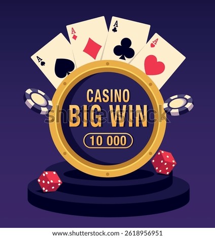 Casino and poker. Bright vector design with golden casino text big win, chips, dice, cards on podium. Illustration for casino design projects, roulette on dark purple background