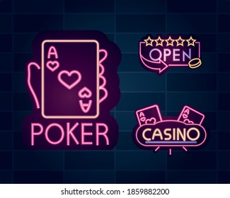 casino, poker card, billboard or banner gambling neon sign vector illustration