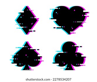 Casino poker card glitch suits, vector gambling game. Black heart, spade, club and diamond suits of blackjack or poker playing cards deck with glitch effect, tv screen or digital pixel noise texture