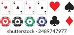 casino poker cards and chips. Card aces. aces of all four suits, diamonds, spades, hearts, clubs.  Playing poker concept. Poker symbols. Vector illustration. Playing cards. icon set.  Gambling tokens.