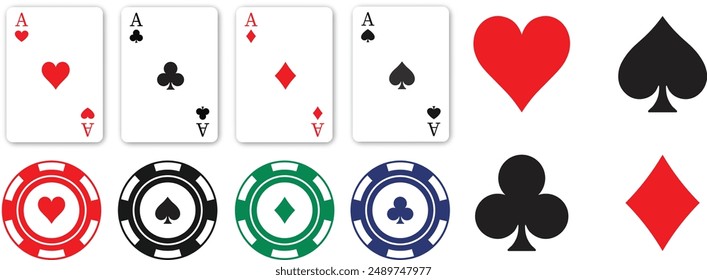 casino poker tarjetas y fichas. Ases de cartas. Ases de los cuatro palos, diamantes, espadas, corazones, tréboles.  Jugar al concepto de póquer. Símbolos de póquer. Ilustración vectorial. Juego de cartas. Conjunto de iconos.  Fichas de juego.