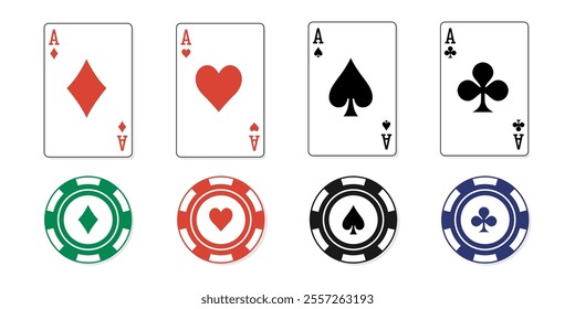 casino poker cards and chips. Card aces. aces of all four suits, diamonds, spades, hearts, clubs