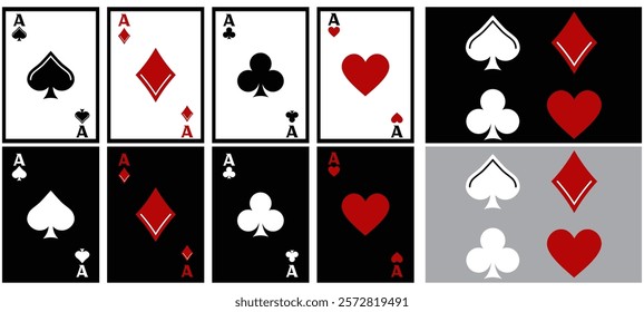 casino poker cards and chips. Card aces. aces of all four suits, diamonds, spades, hearts, clubs. Playing poker concept. Poker symbols. Vector illustration. Playing cards. icon set. Gambling tokens