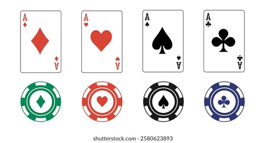 casino poker cards and chips. Card aces. aces of all four suits, diamonds, spades, hearts, clubs. Playing poker concept. Poker symbols. Vector illustration