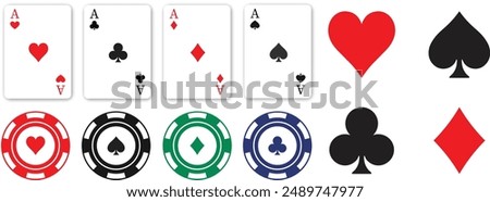 casino poker cards and chips. Card aces. aces of all four suits, diamonds, spades, hearts, clubs.  Playing poker concept. Poker symbols. Vector illustration. Playing cards. icon set.  Gambling tokens.