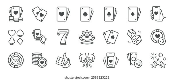 Casino and Poker Cards Icons. Set of minimal linear icons featuring playing cards, poker chips, roulette, dice, lucky seven, and winnings. Perfect for gambling and betting games designs. Vector.