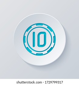 Casino or poker chip with 10. Cut circle with gray and blue layers. Paper style