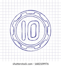 Casino or poker chip with 10. Hand drawn picture on paper sheet. Blue ink, outline sketch style. Doodle on checkered background