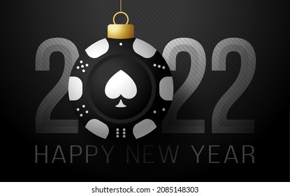 Casino poker chip 2022 Happy New Year. Sports gamble greeting card with casino poker chip on the luxury background. Vector illustration