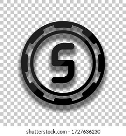 Casino or poker chip with 5. Black glass icon with soft shadow on transparent background