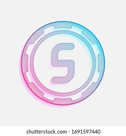 Casino or poker chip with 5. Colored logo with diagonal lines and blue-red gradient. Neon graphic, light effect