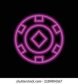 Casino, poker chip, diamond simple icon vector. Flat design. Purple neon on black background.ai