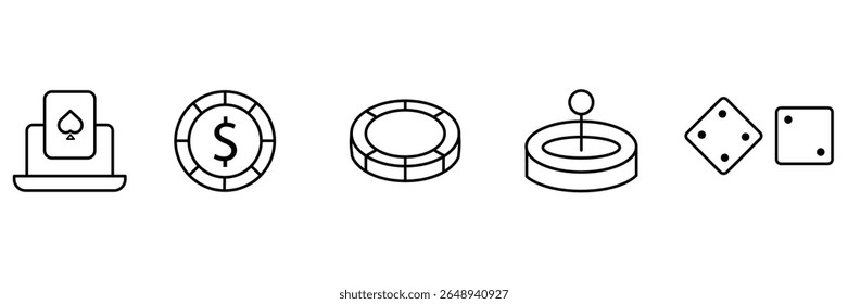 Jogo de pôquer de casino chip jogo de dados roleta aposta dólar moeda símbolo de sorte ícone de entretenimento vetor ilustração linha arte.