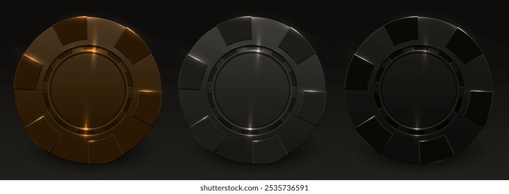 Casino poker chip dourado, metal escuro, preto conjunto de cores com efeito de luz, isolado no fundo preto. Brilhante noite realista jogar bandeira misteriosa. Clube de poker, blackjack, design de ícone de casino online