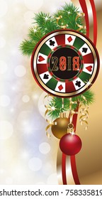 Casino poker chip, greeting card new 2018 year, vector illustration 