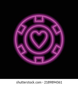 Casino, poker chip, heart simple icon vector. Flat design. Purple neon on black background.ai