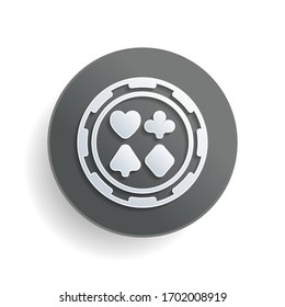 Casino or poker chip with hearts, spades, diamonds and clubs. White paper symbol on gray round button or badge with shadow