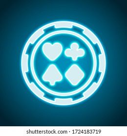 Casino Or Poker Chip With Hearts, Spades, Diamonds And Clubs. Neon Style. Light Decoration Icon. Bright Electric Symbol