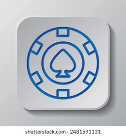 Casino, poker chip simple vector, icon. Flat design. Paper cut design. Cutted blue symbol with shadow. Gray badge button, gray background.ai