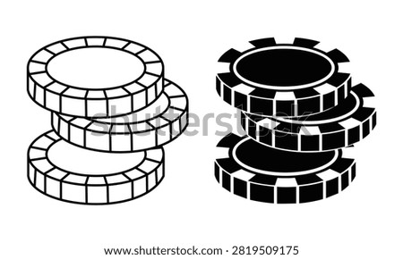 Casino poker chip stack vector collection featuring monochrome gaming tokens perfect for gambling entertainment branding casino promotions card games tournament graphics and leisure themed commercial projects