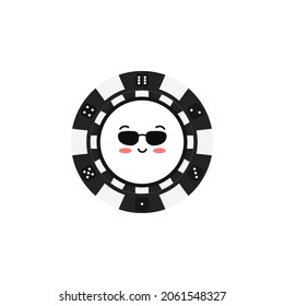 Casino poker chip in sunglasses emoticon isolated on white background. Casino black coin chip with face character. Vector flat design cartoon kawaii style illustration.