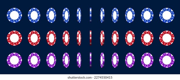 Casino poker chips animated rotation. Vector sequence frame of rotating round blue, red and purple gambling game 3d pieces. Sprite sheet animation of spinning chips for online animation