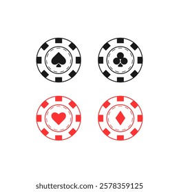 Casino poker chips with card suit symbols. Spades, clubs, hearts, diamonds. Casino, gambling, poker, gaming concept. Vector illustration.