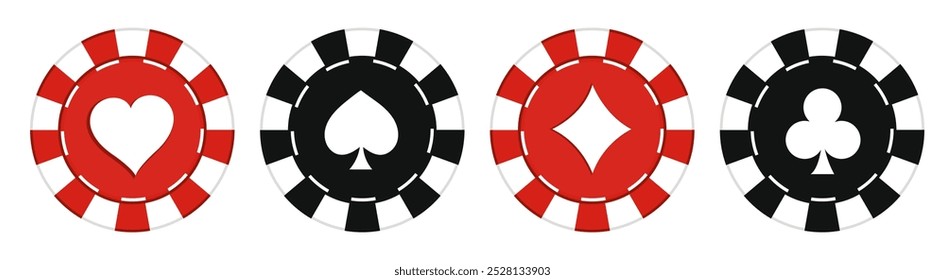 Casino poker chips with card symbols for betting and gambling games