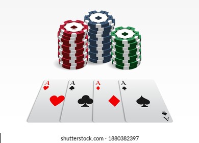 Casino and poker chips in combination with four aces. Can be used as a logo, banner, background. Vector illustration in a realistic style.