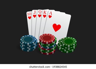 Casino and poker chips combined with a Royal Flush hand. Vector illustration in a realistic style isolated on dark background.