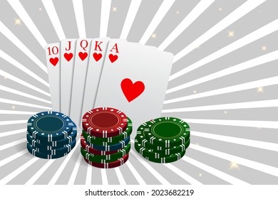 Casino And Poker Chips Combined With A Royal Flush Hand. Vector Illustration In A Realistic Style. Can Be Used As A Flyer, Poster  Or Advertisement.