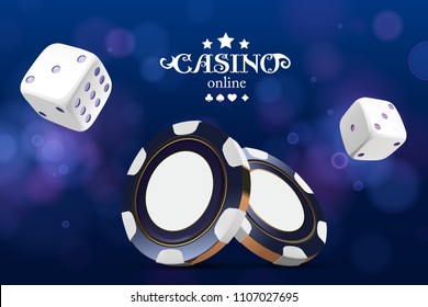 Casino poker chips and dice. Casino game 3D chips. Online casino banner. Blue realistic chip. Gambling concept, poker mobile app icon. dice falling in the air.