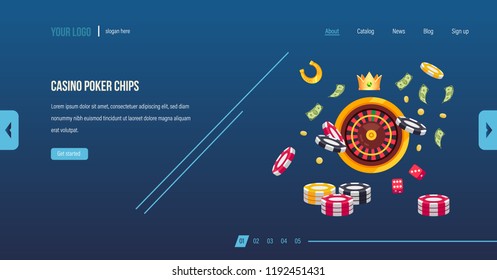 Casino poker chips. Casino game of poker, dice, roulette, card games, gambling. Jackpot, lucky, success, financial growth, gold crown coins horseshoe Website template design Vector illustration