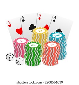Casino and poker chips, game dice, four of a kind card combination. Element for design creation. Realistic style. Vector illustration.