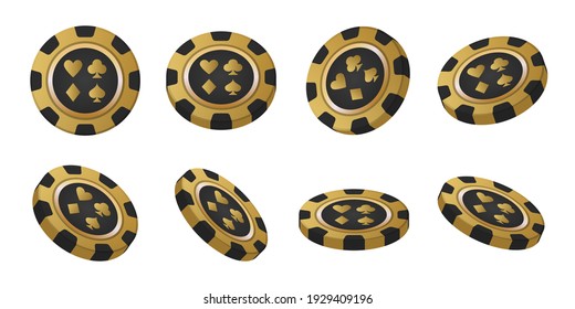 Casino and poker chips in gold color. Card suits. Realistic style. Elements for creating a website, banner, flyer, advertisement. Vector illustration isolated on white background.