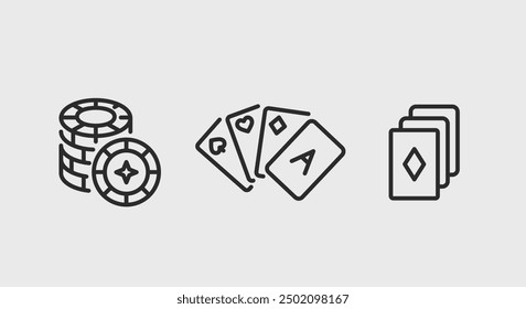 Casino, Poker, Chips icons. Gambling icons set. Poker chips, Playing cards, Deck of cards icons isolated on white background. Vector illustration