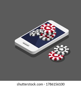 Casino poker chips on the smartphone. Online casino concept in a trendy isometric style. Vector illustration isolated on white background.