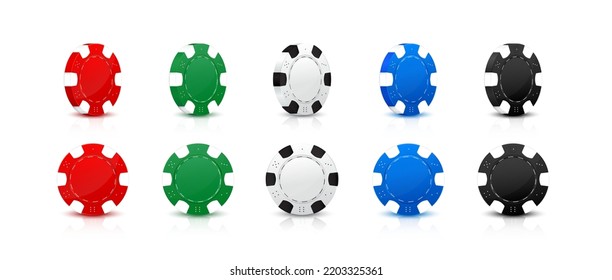 Casino or Poker chips. Red, blue, green and black tokens for gambling, Entertainment house. Roulette blackjack. Gamble and winner, risk, betting. Gaming chip 3D isolated on white background. Vector.