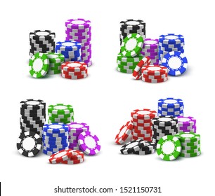 Casino Poker Chips Stack, Vector Realistic 3d Set. Online Casino And Wheel Of Fortune Roulette Poker Gambling Chip Tokens In Piles