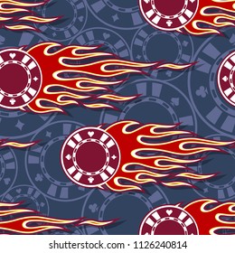 Casino poker chips symbols printable seamless pattern with hotrod flames. Vector illustration. Ideal for wallpaper packaging fabric textile wrapping paper design.
